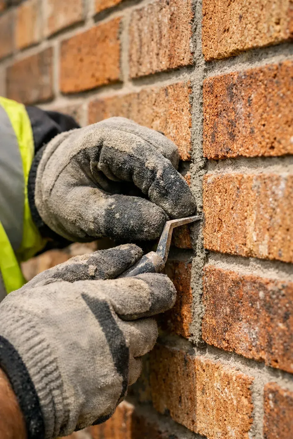 
![Professional masonry repair Dallas TX technician performing precise tuckpointing on a residential brick wall.