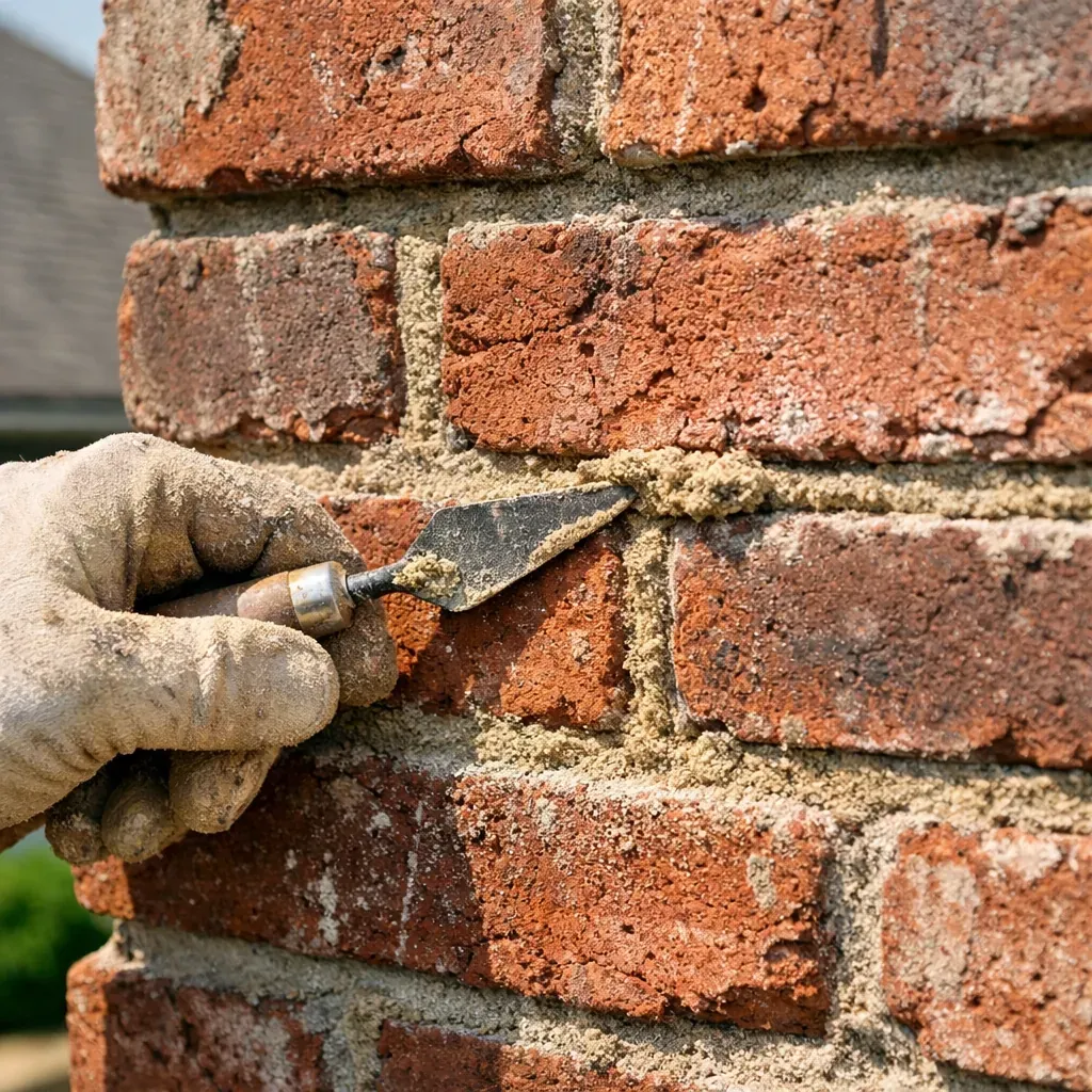 Professional chimney repointing and mortar matching for brick repair in Dallas, Texas.