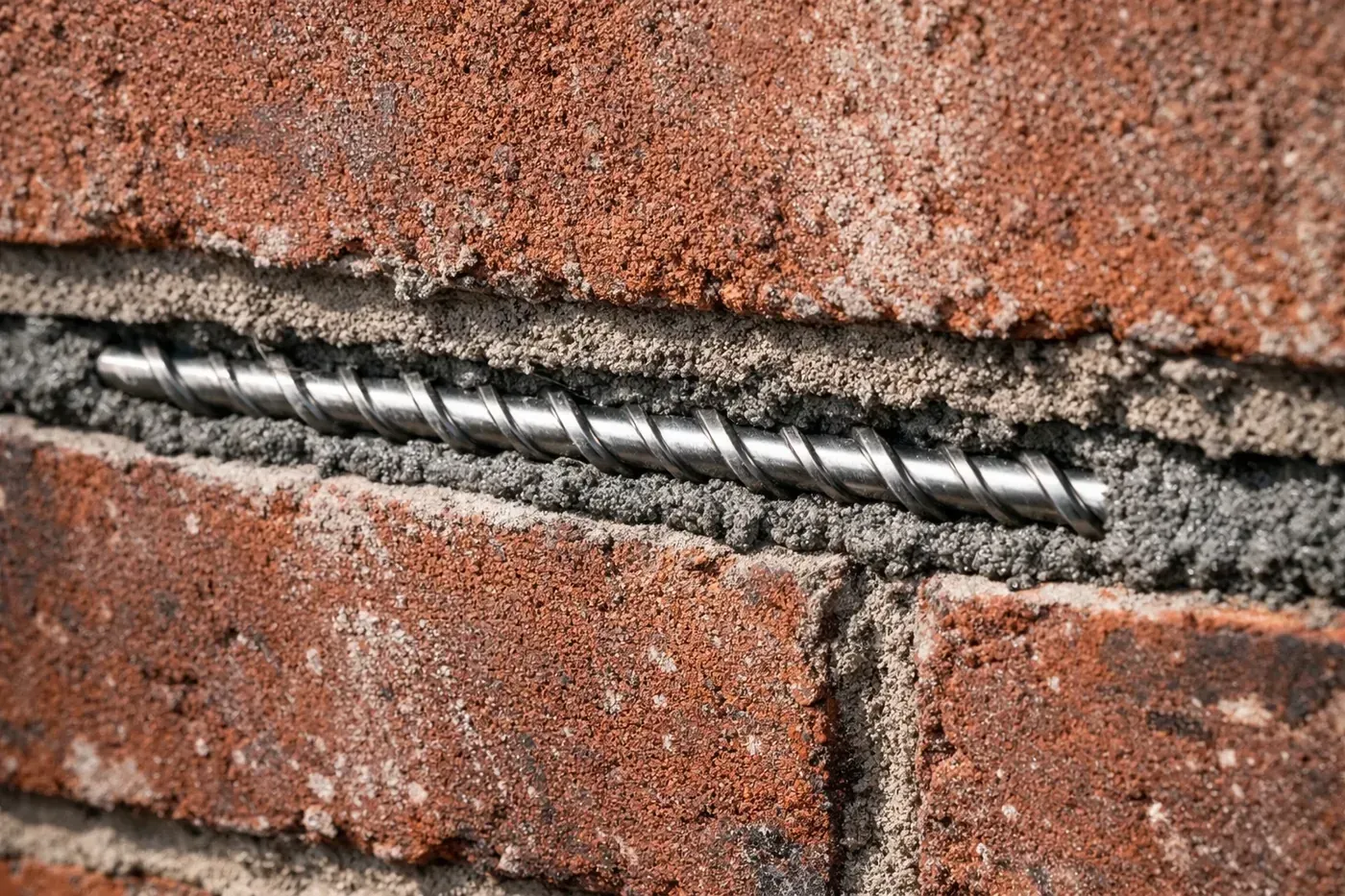 Champion Stitching Rod installation in a cracked brick wall for permanent DFW brick restoration.