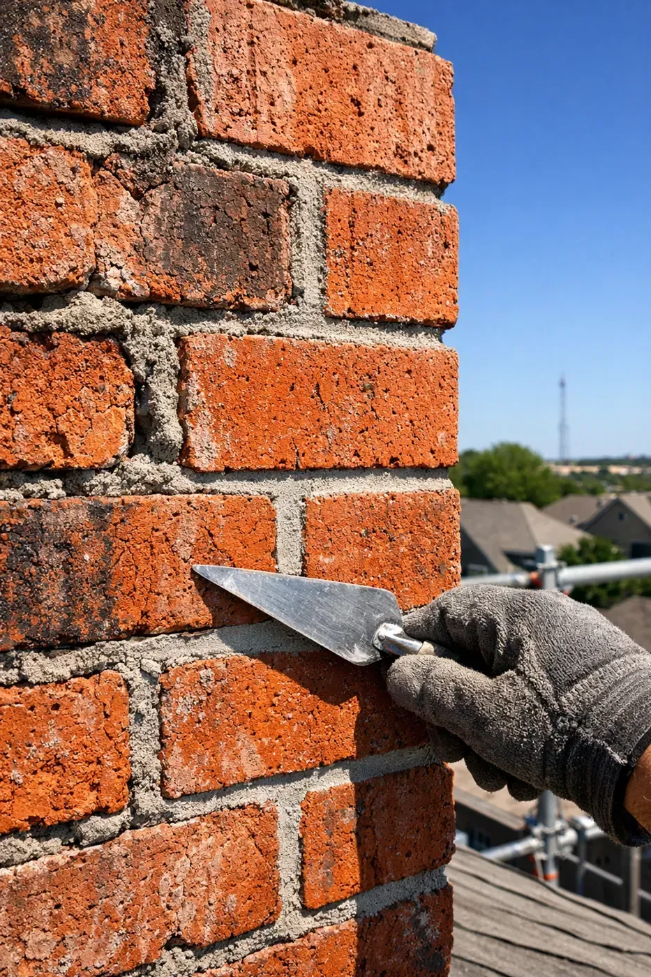 Expert masonry repair in Dallas: tuck-pointing a residential brick chimney for structural safety.