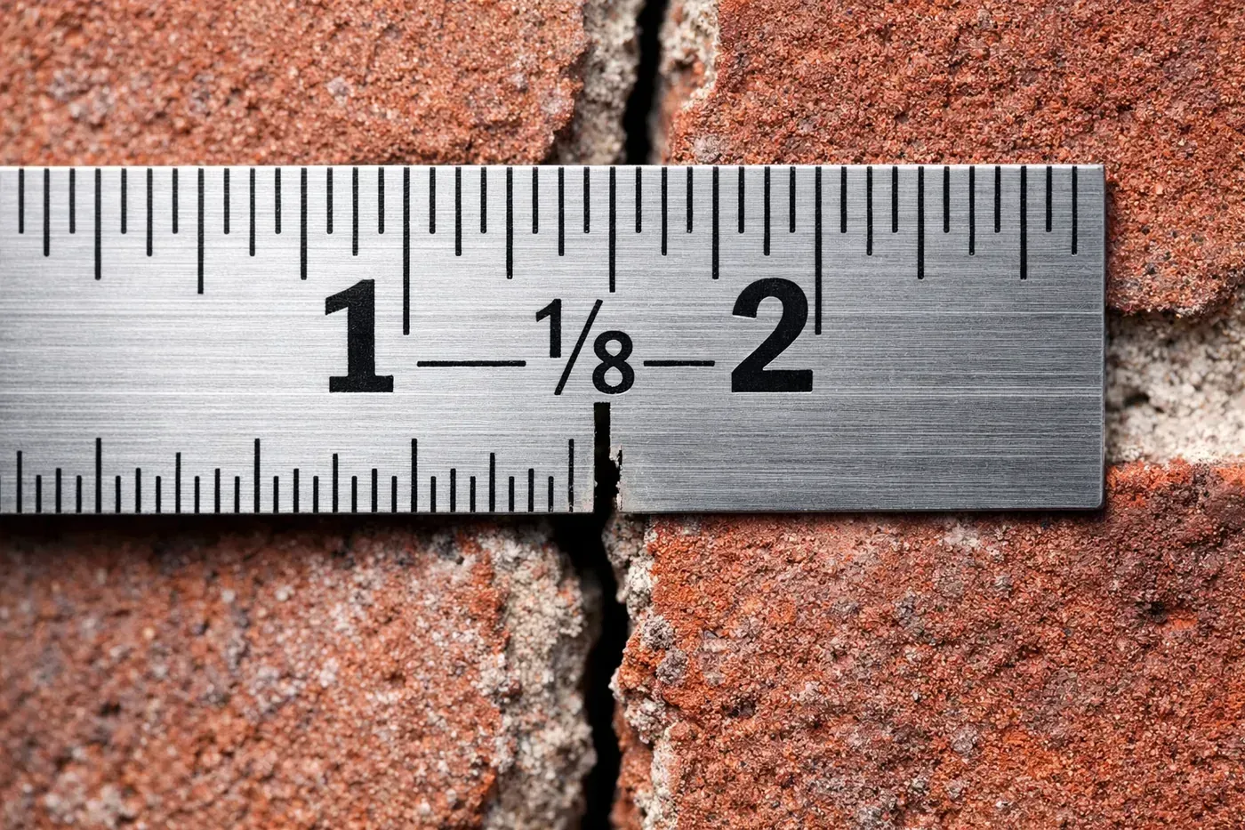 Measuring brick wall crack width with ruler to assess structural damage severity