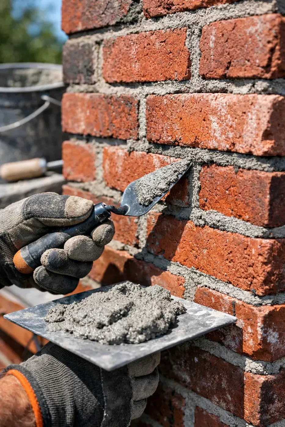 Professional mason repointing brick chimney mortar joints with trowel