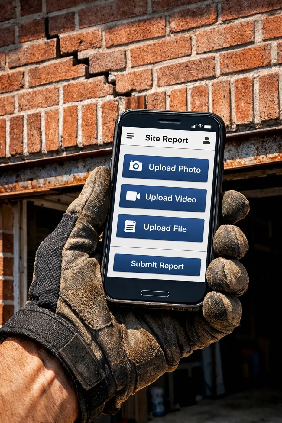 Field pro using a smartphone for a LintleLOCK estimate on a sagging brick garage header in DFW.