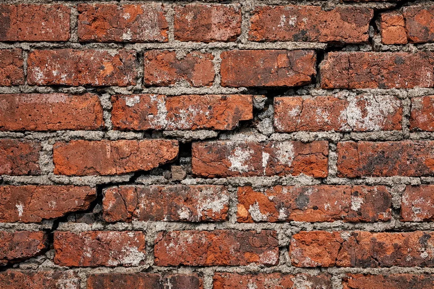 Failed brick crack repair showing deteriorating mortar joints and stair-step cracks