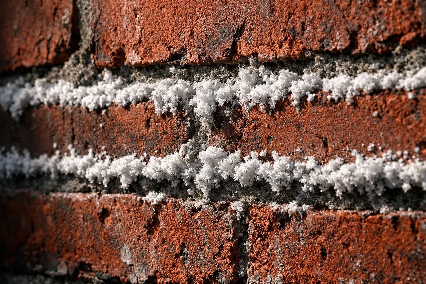 White efflorescence deposits along brick mortar joints showing moisture infiltration patterns