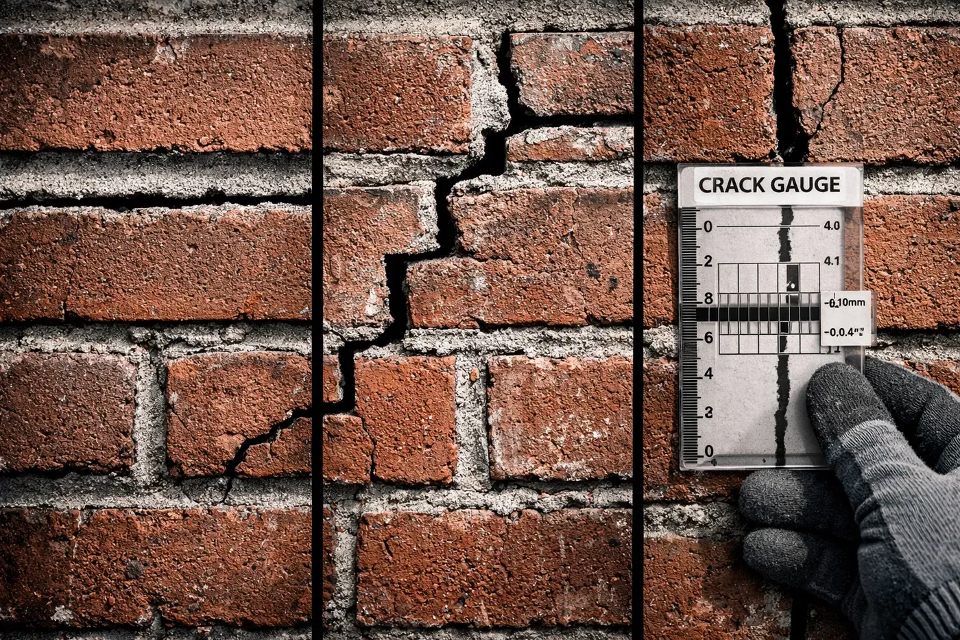Three types of brick wall crack patterns showing structural damage requiring professional inspection