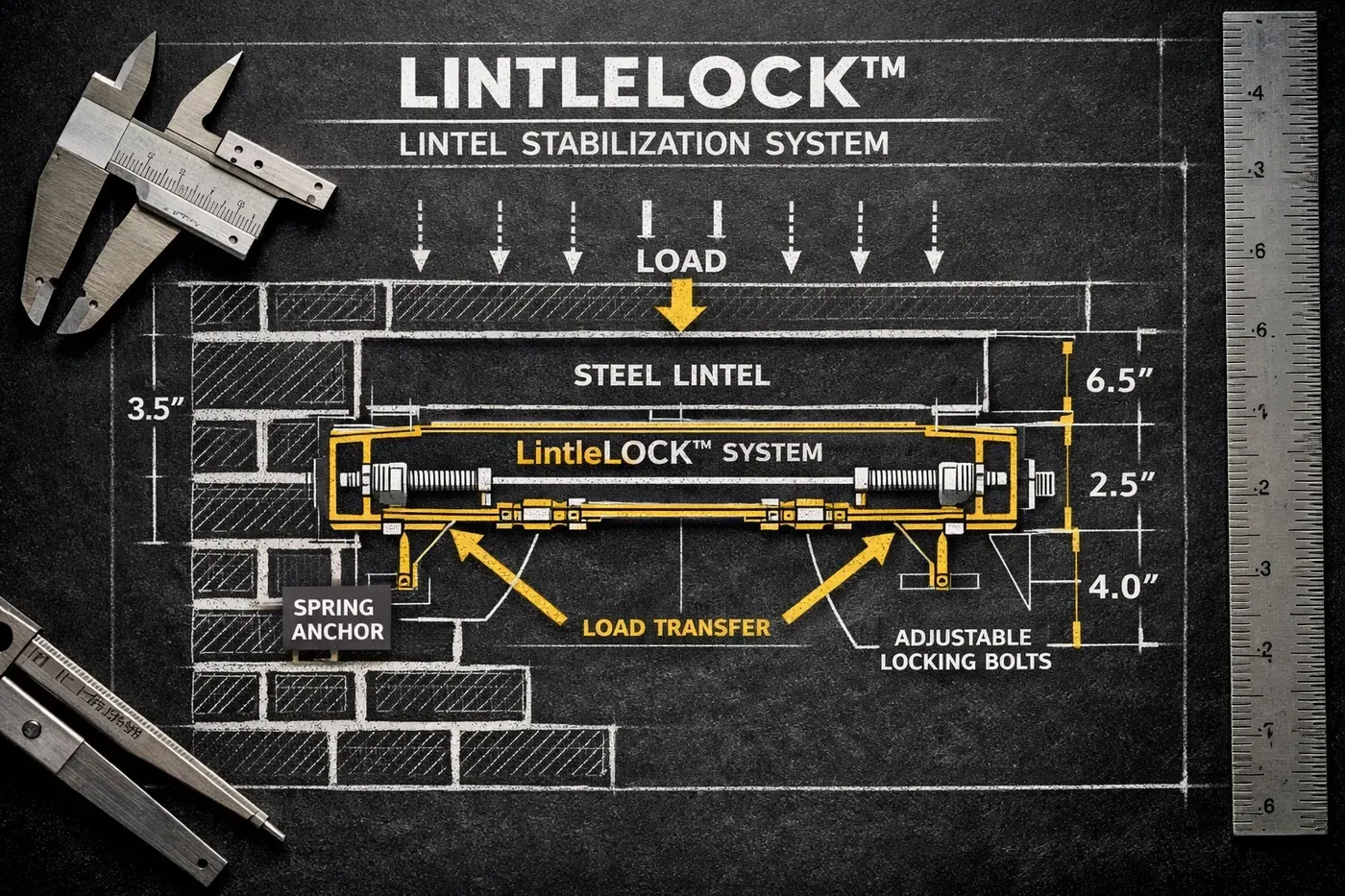 LintleLOCK™ engineering blueprint showing lintel stabilization system cross-section for brick repair