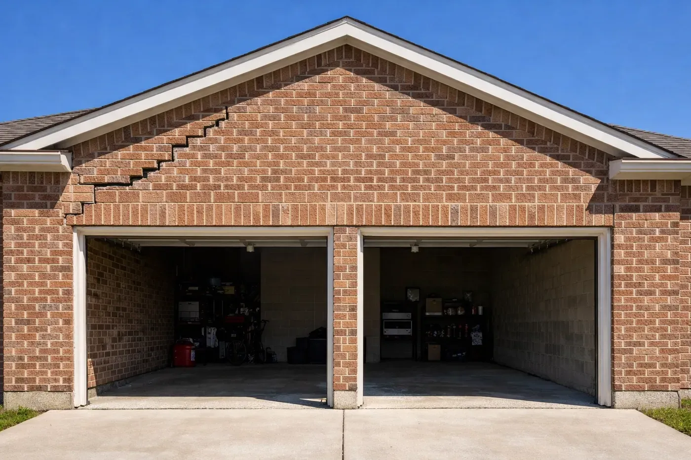 Large stair-step cracks in garage brickwork indicating the need for professional garage lintel repair near me.