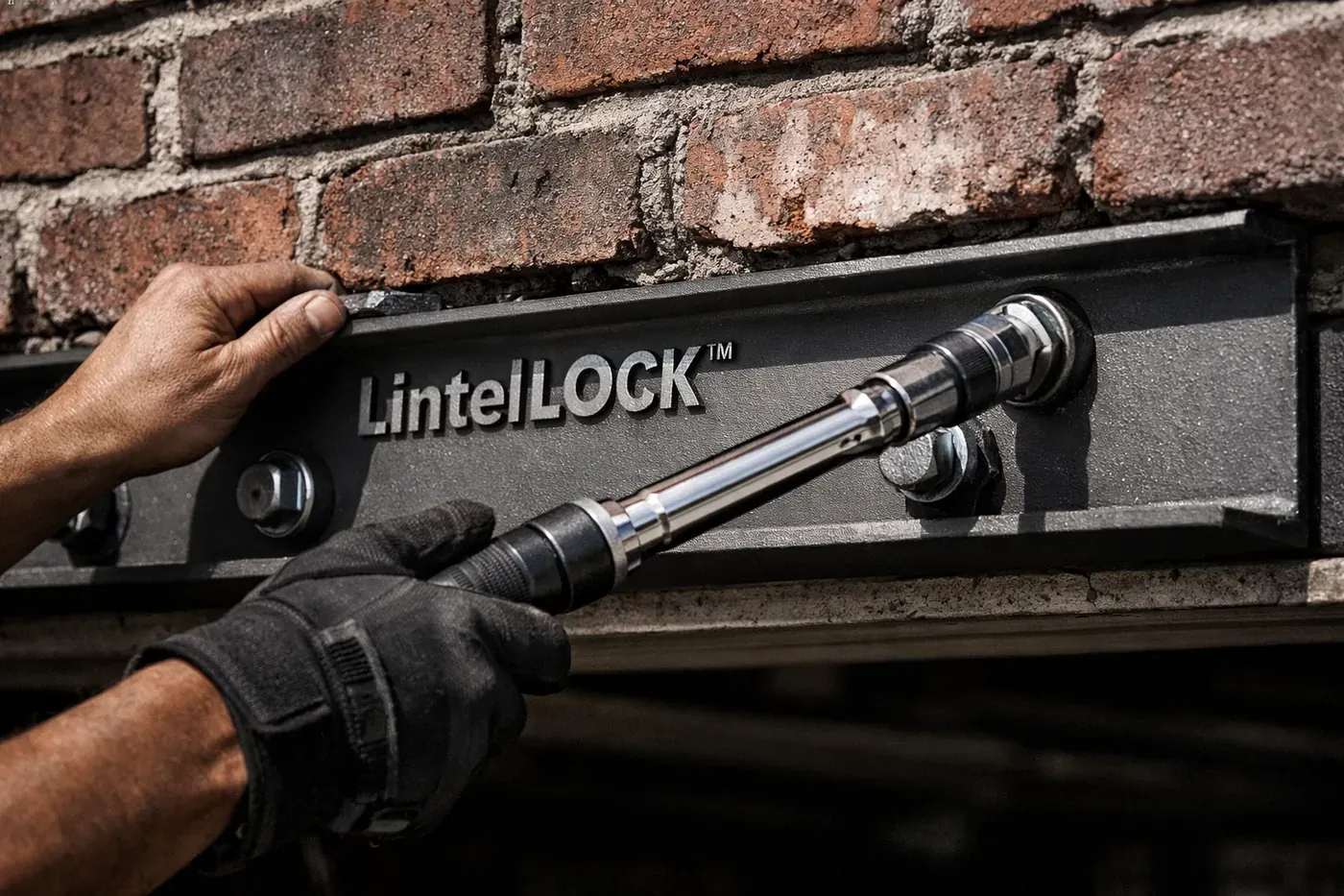 Technician installing LintleLOCK system to reinforce a sagging garage lintel and provide structural masonry support.