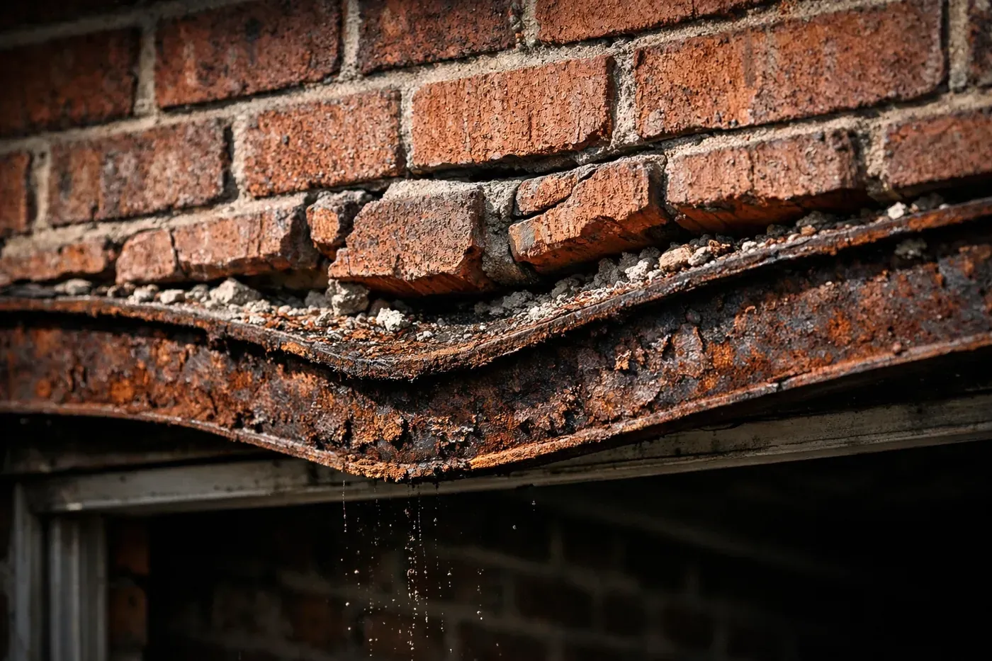 Corroded and sagging steel lintel above garage door showing structural failure