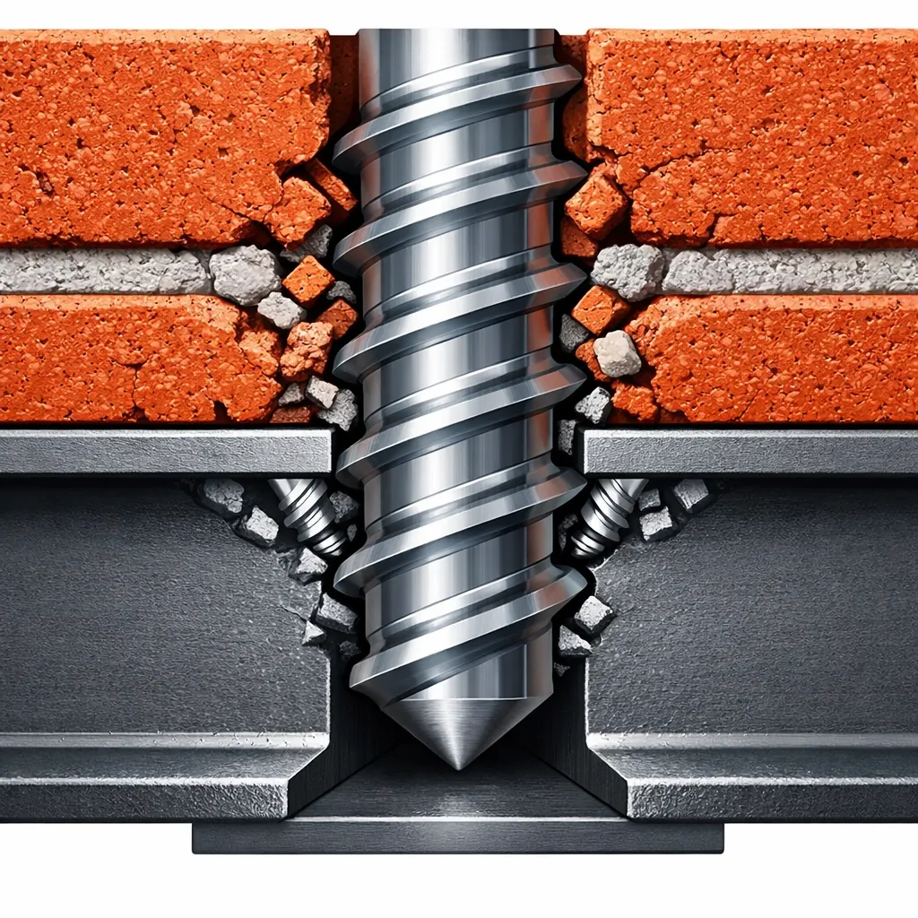 Cross-section showing helical anchor creating mechanical connection between brick header and steel lintel