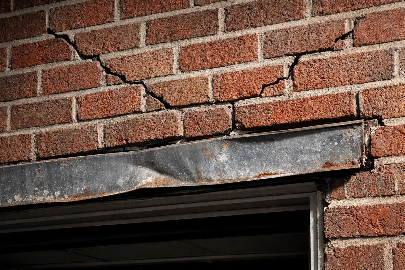 Rotated garage door lintel with stair-step brick cracks showing structural damage