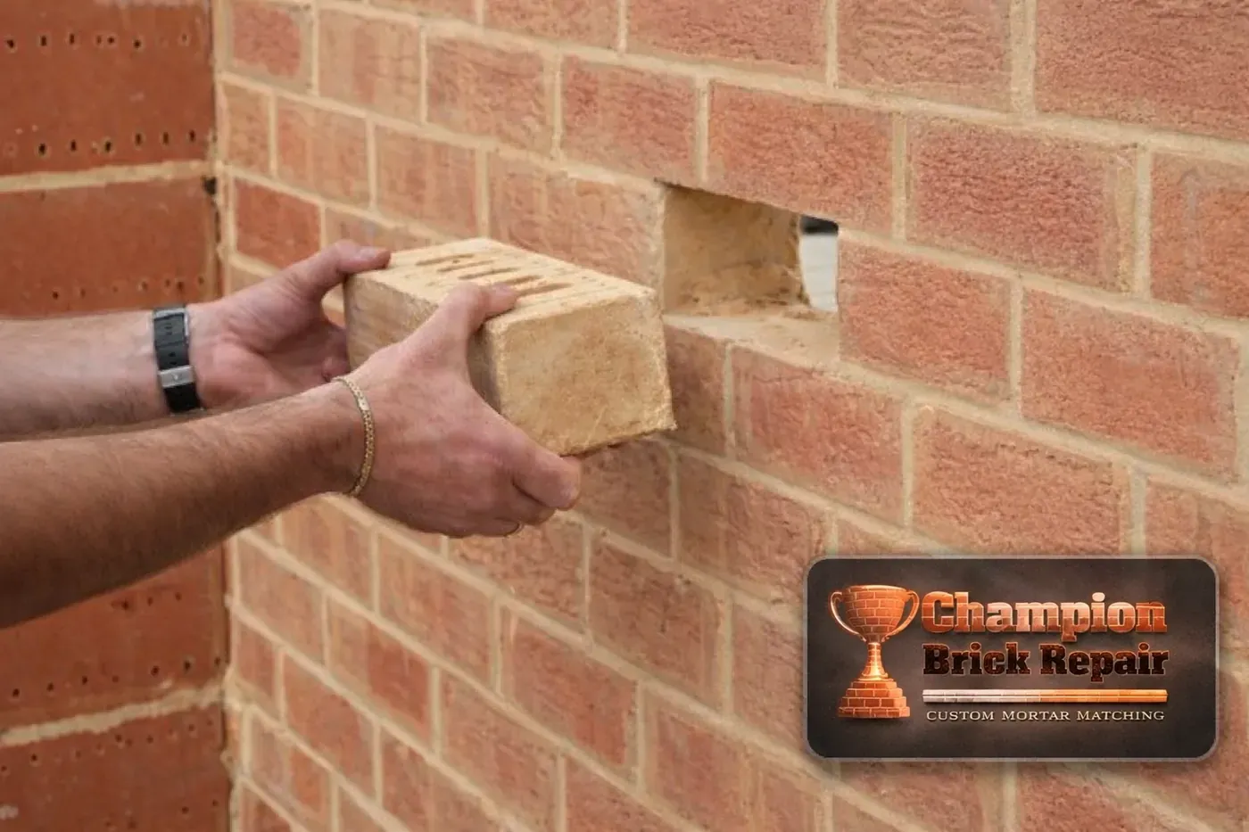 Brick replacement and repair: technician setting a matching brick to restore strength and keep the repair visually seamless (Champion Brick Repair branded)