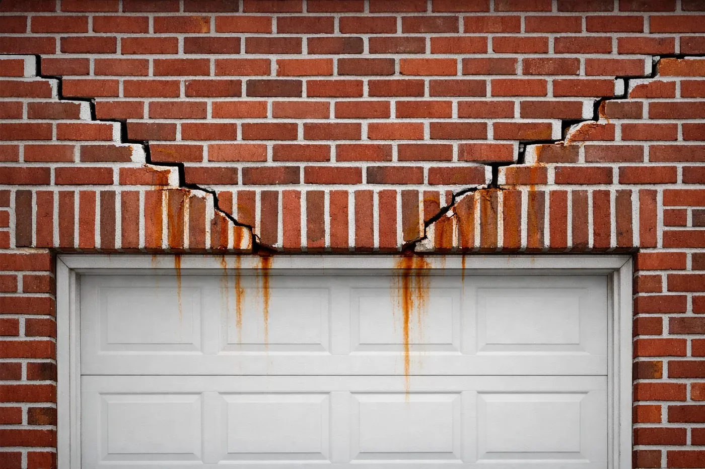 Stair-step cracks and rust stains above garage door showing lintel failure