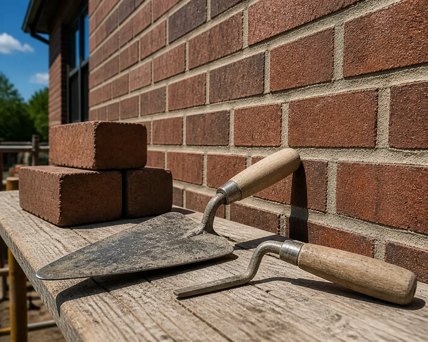 Professional tuckpointing tools and matching bricks on a construction site for masonry repair in Dallas TX.