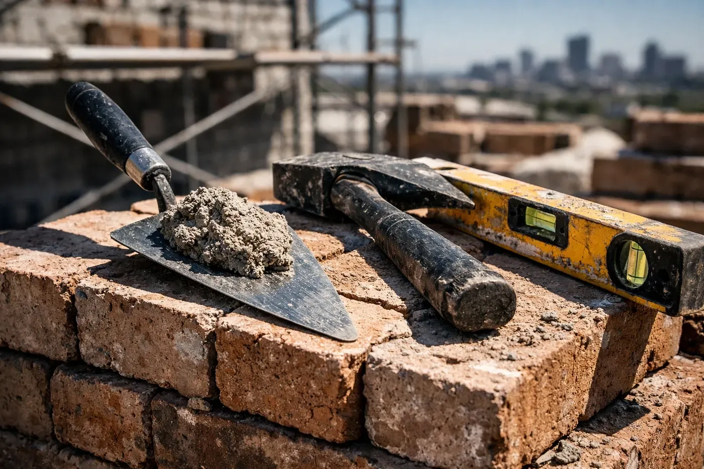 Professional masonry tools and bricks on a job site, highlighting expert Dallas masonry repair services.