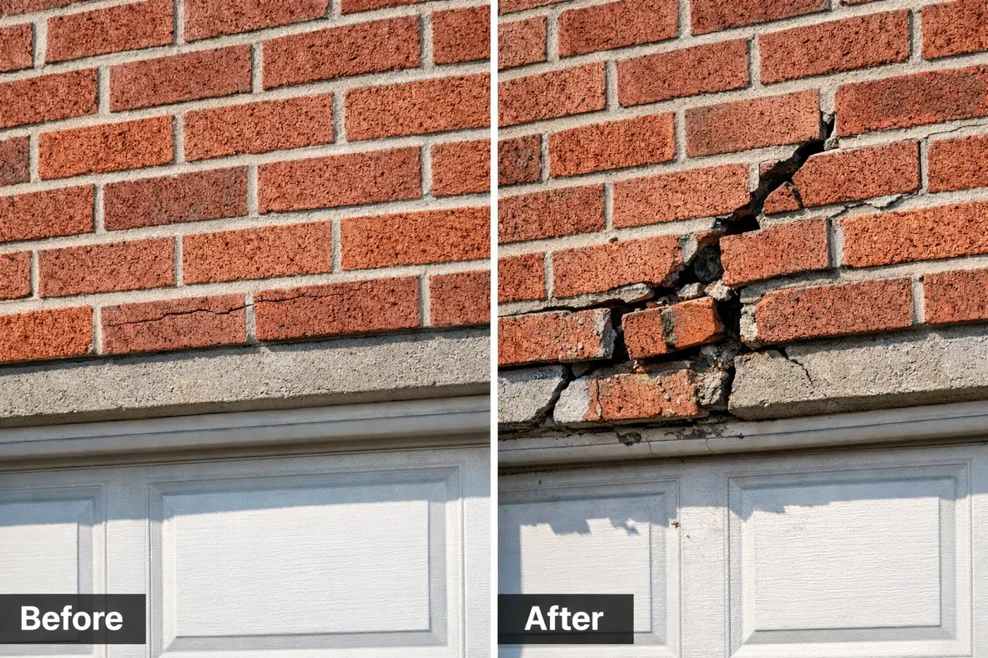 Before and after showing brick crack progression above garage door lintel