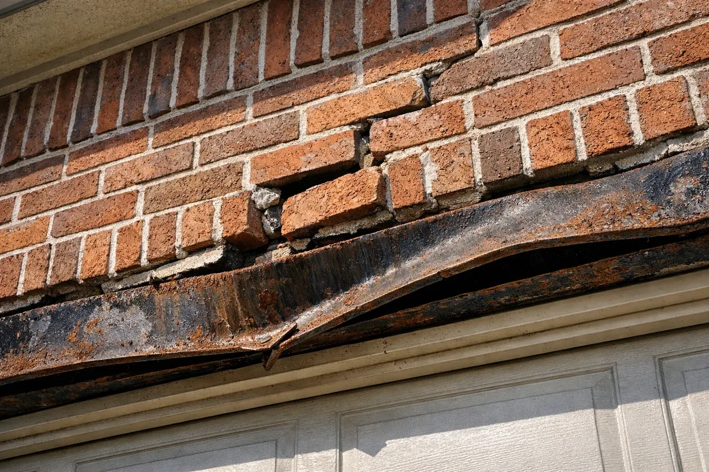 Rotational lintel failure with brick cracks above a Dallas garage door requiring professional repair.