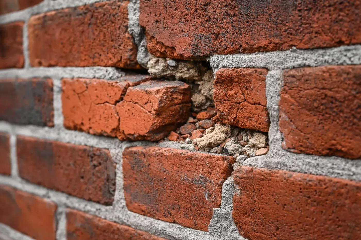 Damaged brick wall showing cracks and spalling caused by incompatible cement mortar repair