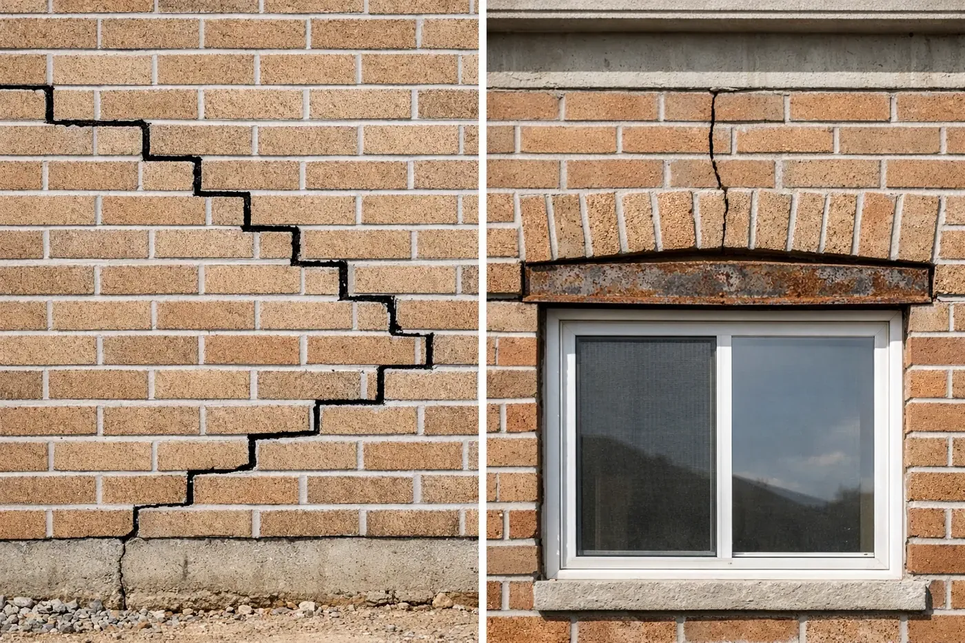 Comparison of foundation stair-step cracks and sagging lintel brick damage for Dallas brick repair diagnostics.