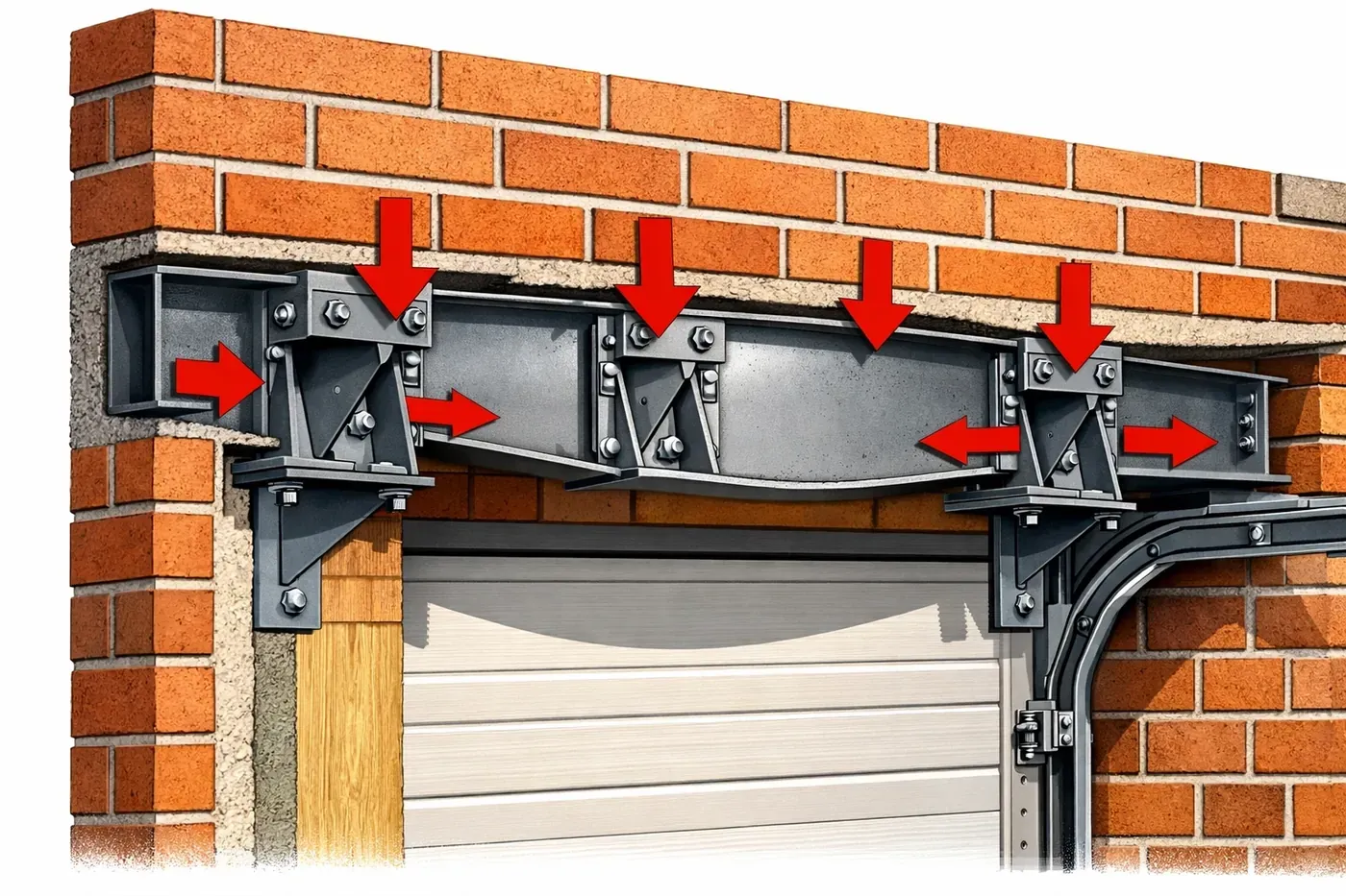 Cross-section showing LintelLOCK steel supports stabilizing a bowed garage lintel above brick opening