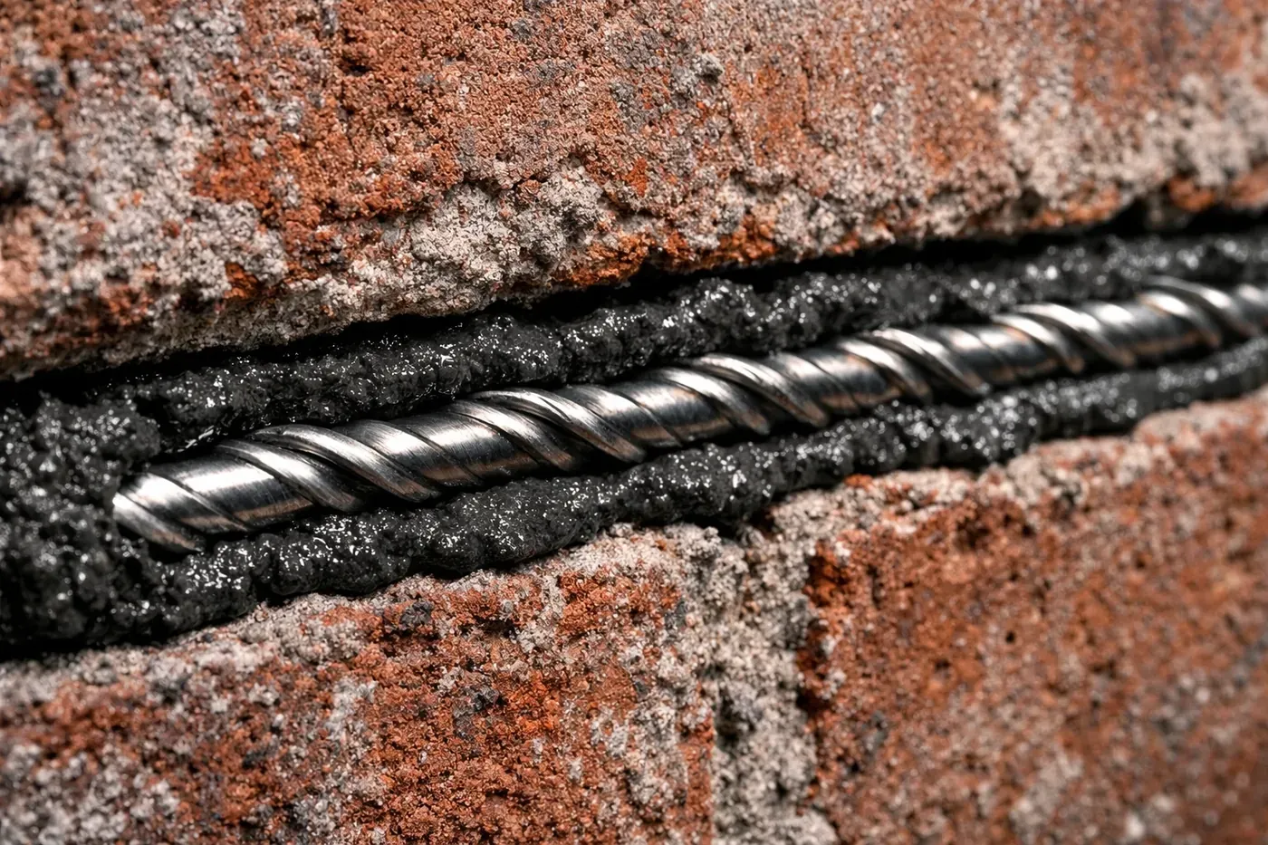 Champion Stitching Rods reinforcement being installed into a mortar joint for structural brick crack repair.