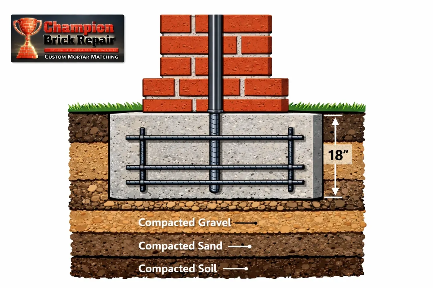 Brick mailbox foundation cross-section showing concrete footing and rebar reinforcement (Champion Brick Repair branded)