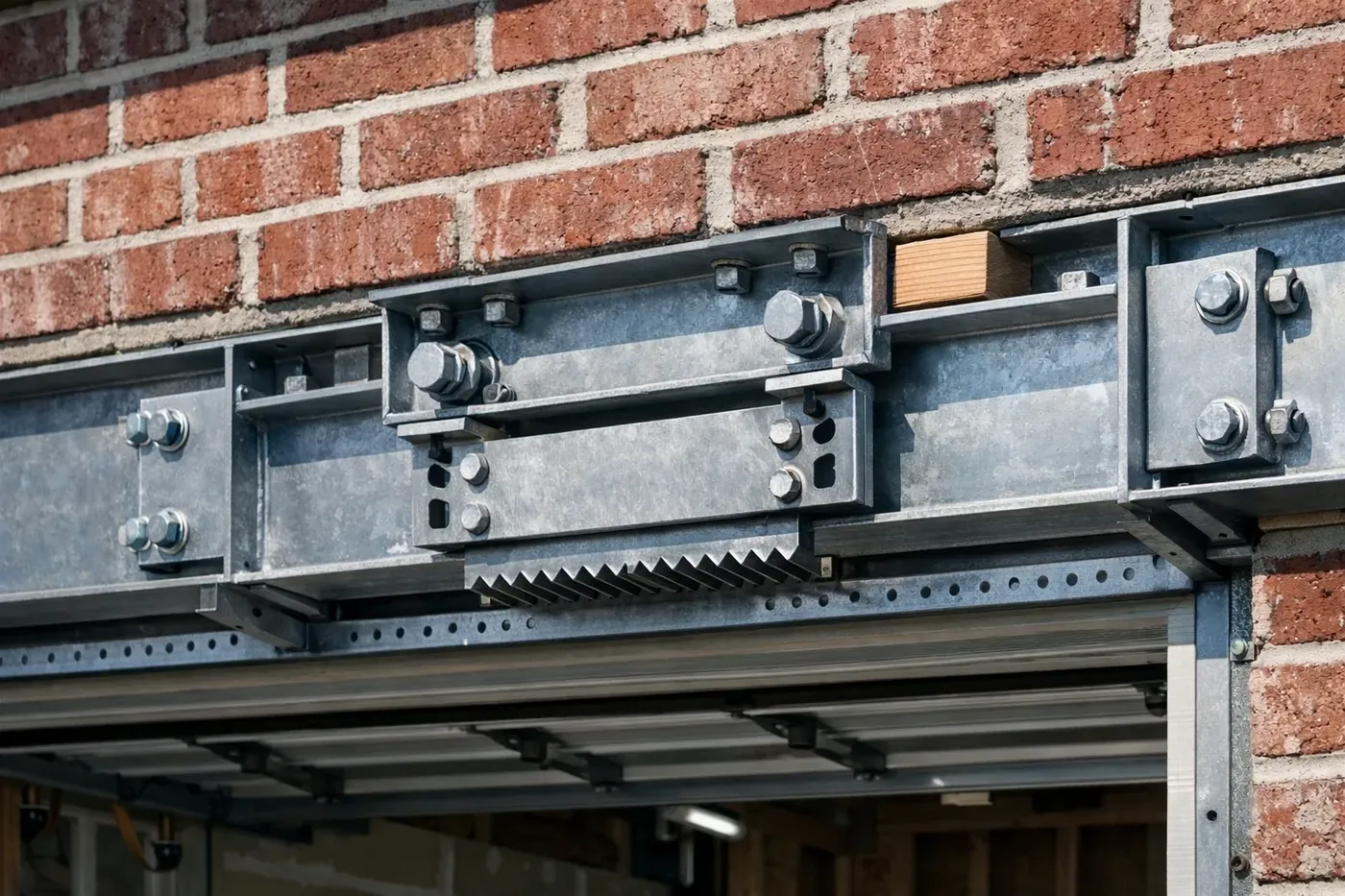 LintleLOCK system installation for structural garage lintel repair on a Dallas brick home.