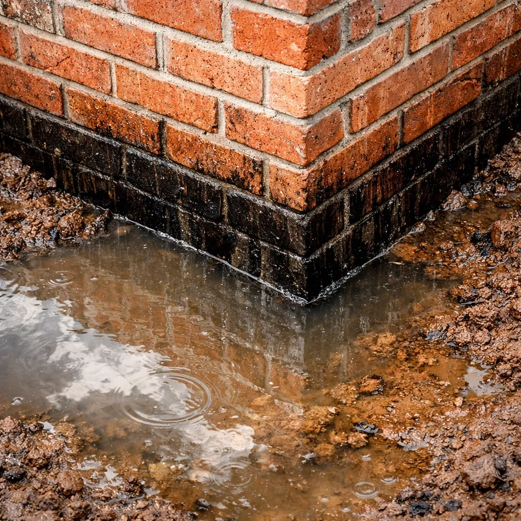 Water pooling against brick foundation showing drainage problems and staining