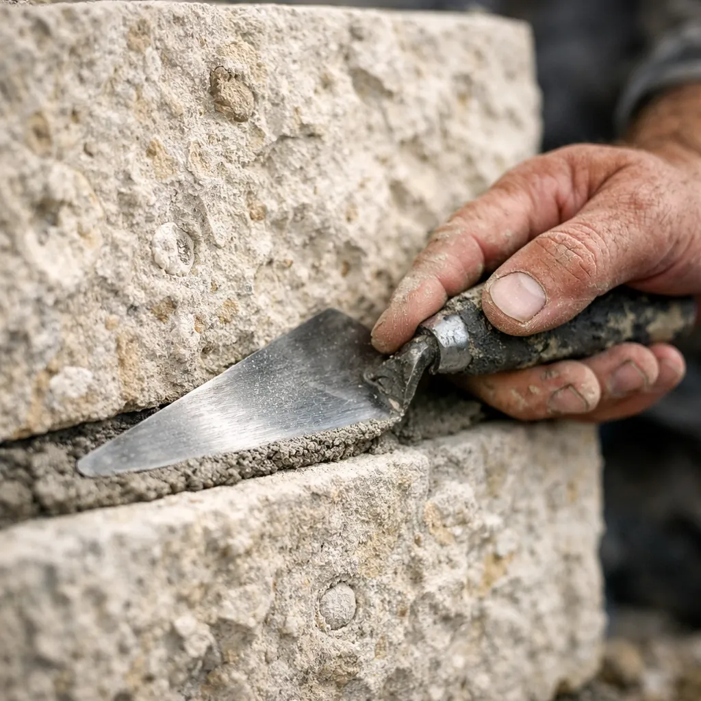 Close-up of a master mason performing expert mortar joint work on custom limestone masonry.