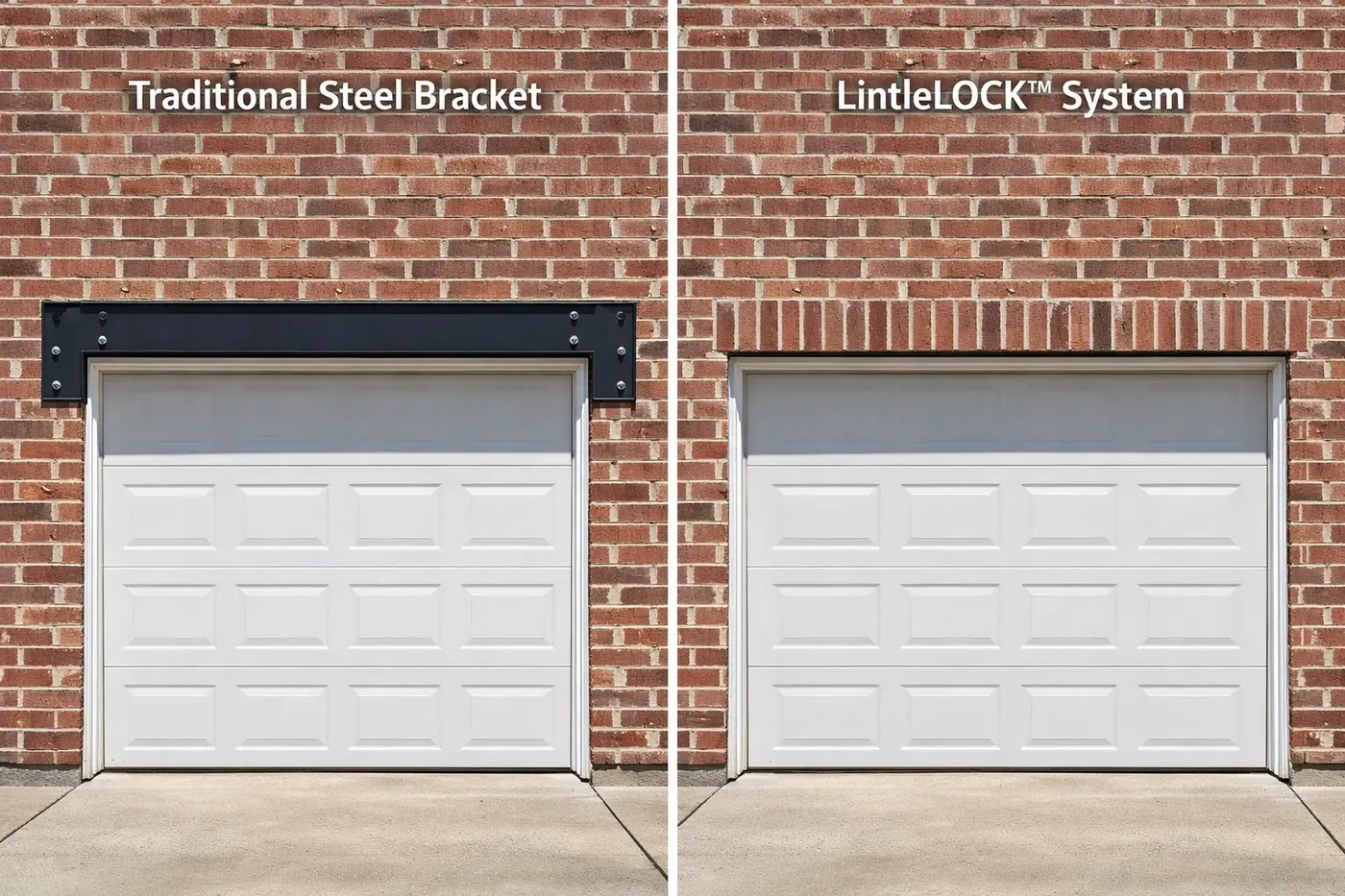 Side-by-side comparison of bulky garage lintel lift brackets versus the invisible LintleLOCK repair system.