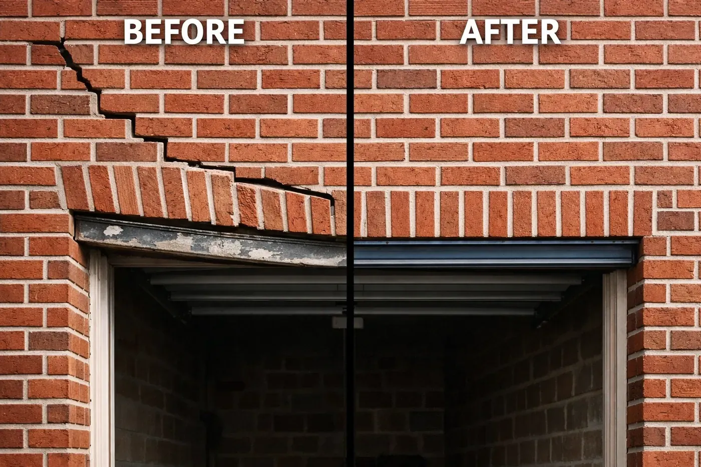 Before and after garage lintel repair showing corrected brick and eliminated cracks