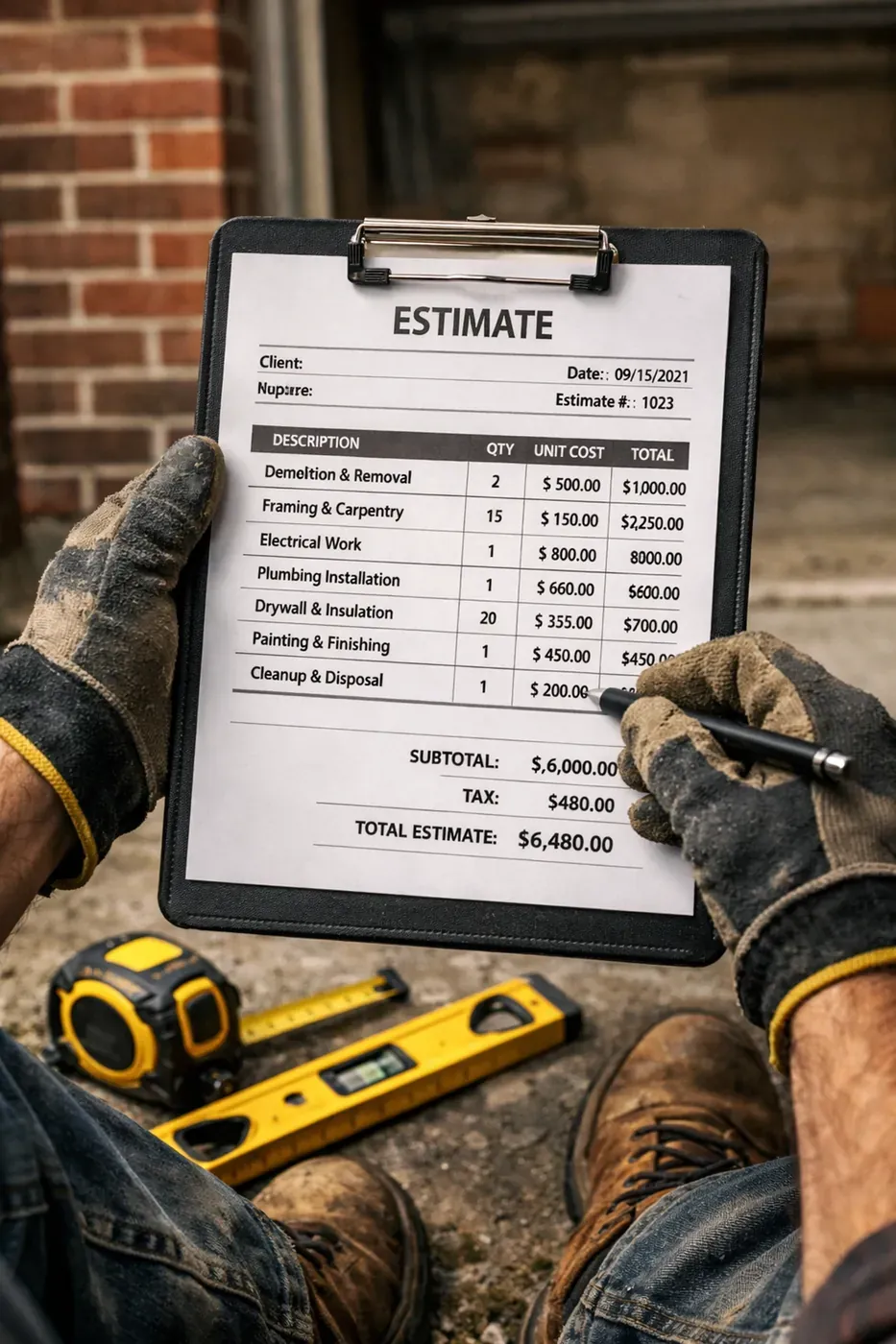 Contractor reviewing detailed garage lintel repair estimate with brick wall background