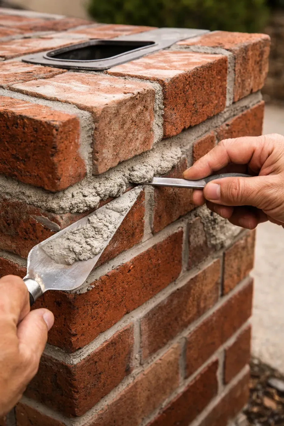 Mason's hands performing tuck-pointing repair on a Dallas brick mailbox, applying new mortar to restore structure.