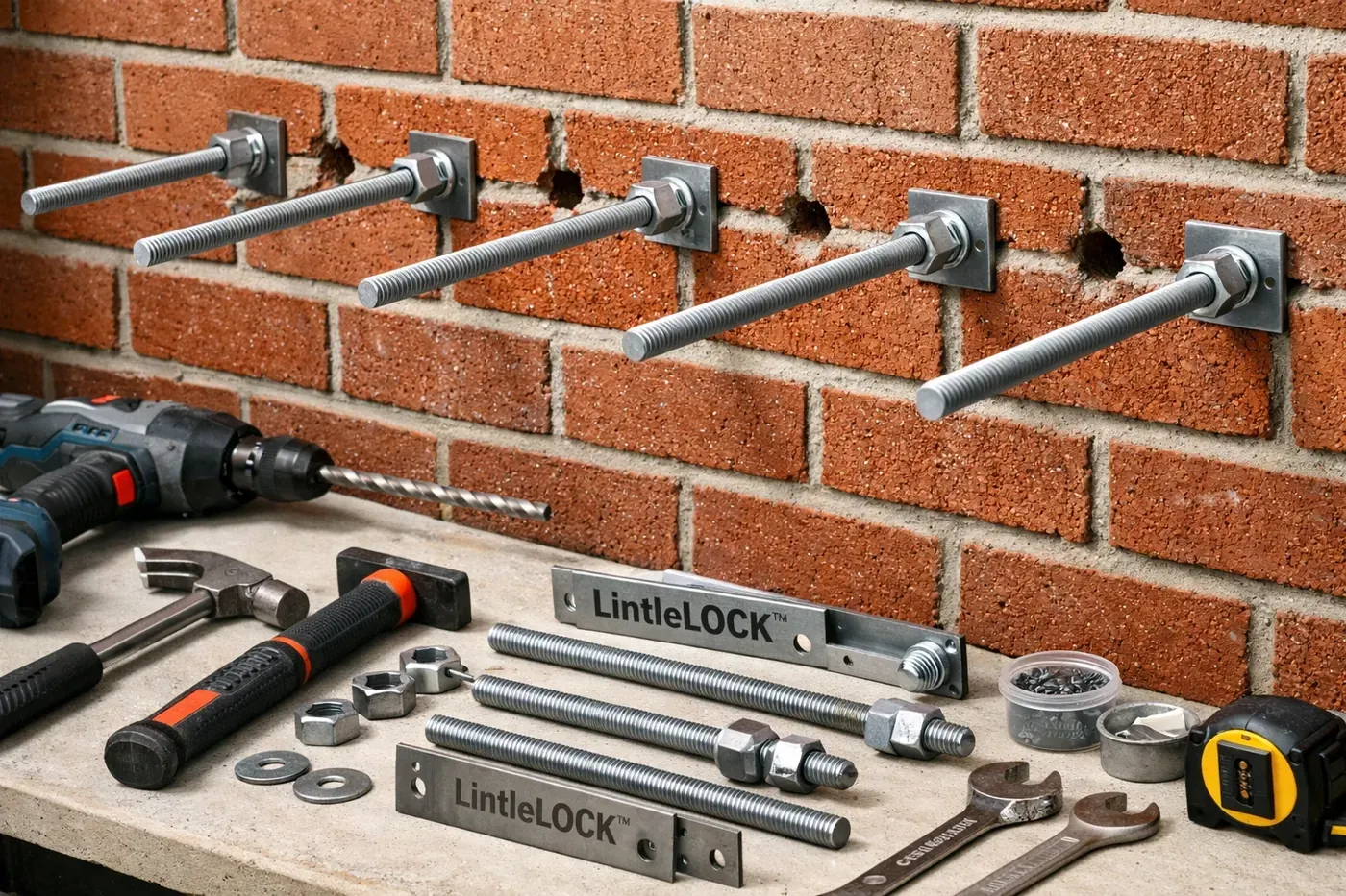 LintleLOCK system installation showing threaded rods and precision brick repair work
