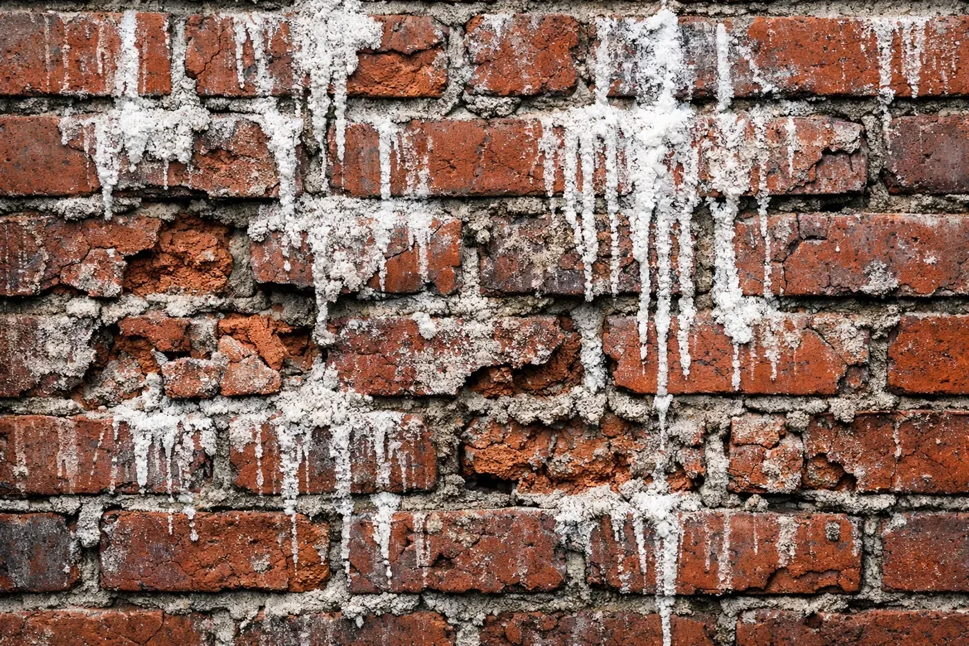 Brick spalling and efflorescence damage caused by moisture infiltration