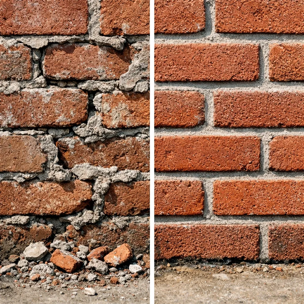 Failed brick repair versus professional repointing showing proper mortar joint technique