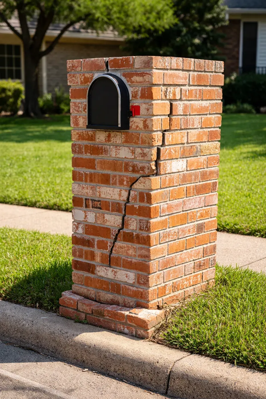 Damaged brick mailbox on Dallas lawn showing cracked mortar, chipped brick, and leaning, common mailbox repair issues.