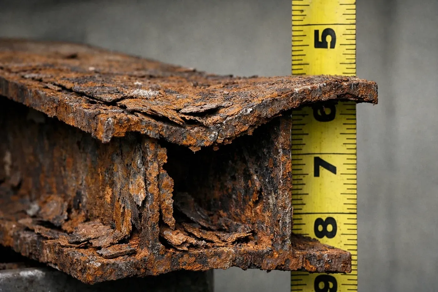 Corroded and deflected steel lintel showing rust damage and structural deformation