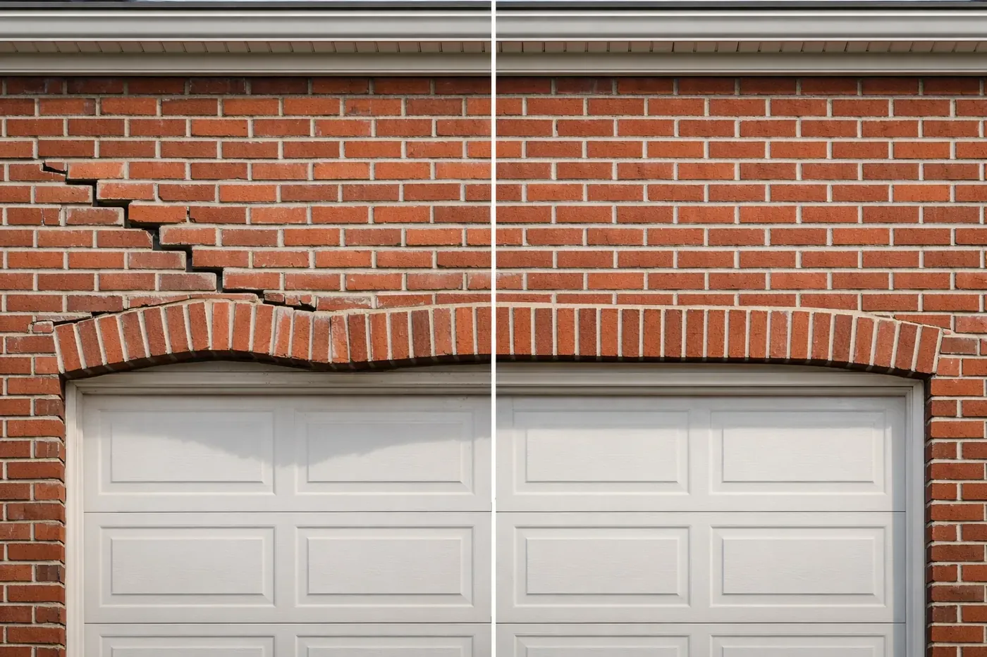 Before and after lintel repair showing sagging brick transformed to straight brickwork above garage