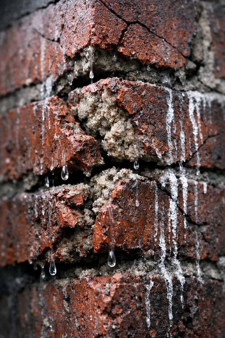 Severe freeze-thaw brick damage with spalling and water infiltration in Dallas masonry wall