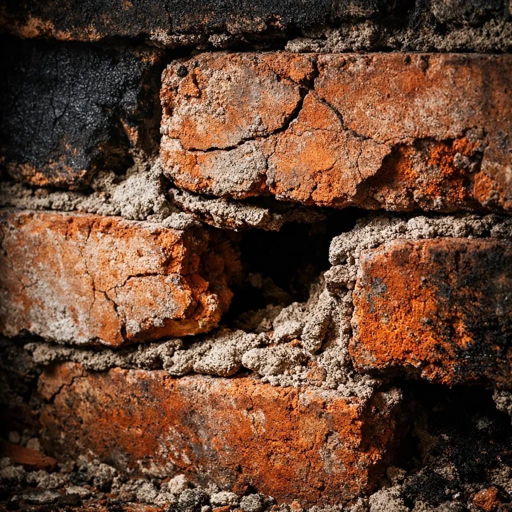 Damaged firebox brick showing cracked refractory brick and eroded mortar joints