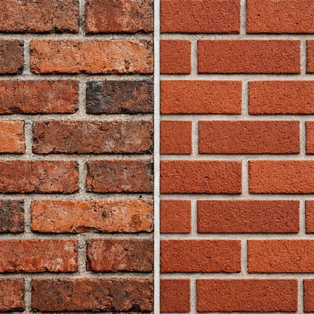 Old weathered brick versus new replacement brick showing color matching challenge