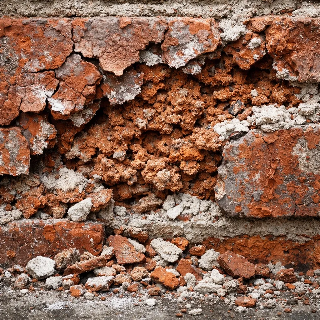 Spalling brick damage showing flaking and crumbling brick surface requiring repair