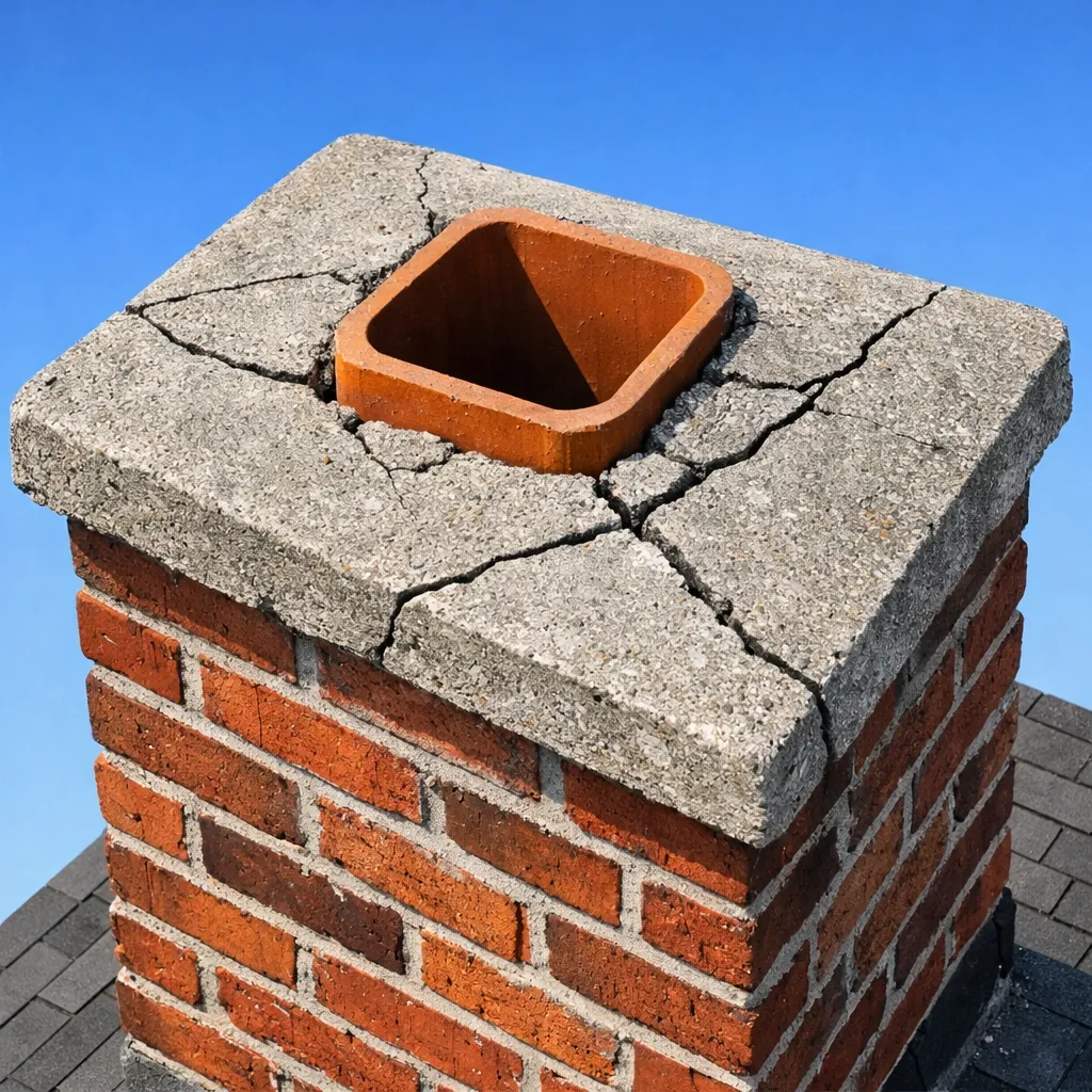 Damaged chimney crown with cracks in concrete cap requiring masonry repair
