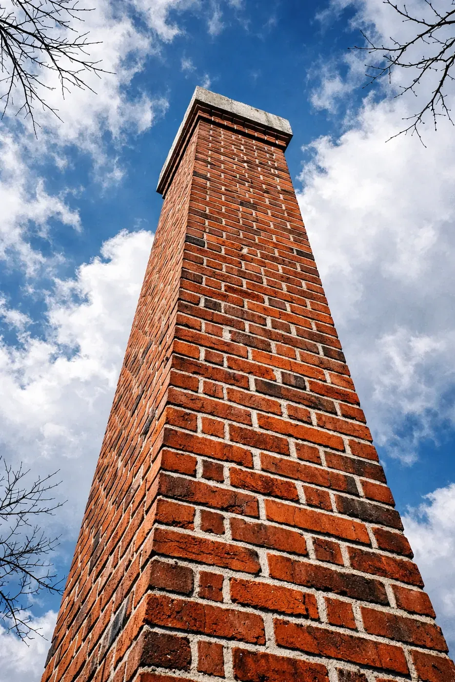 Brick chimney stack viewed from ground level on Dallas winter day