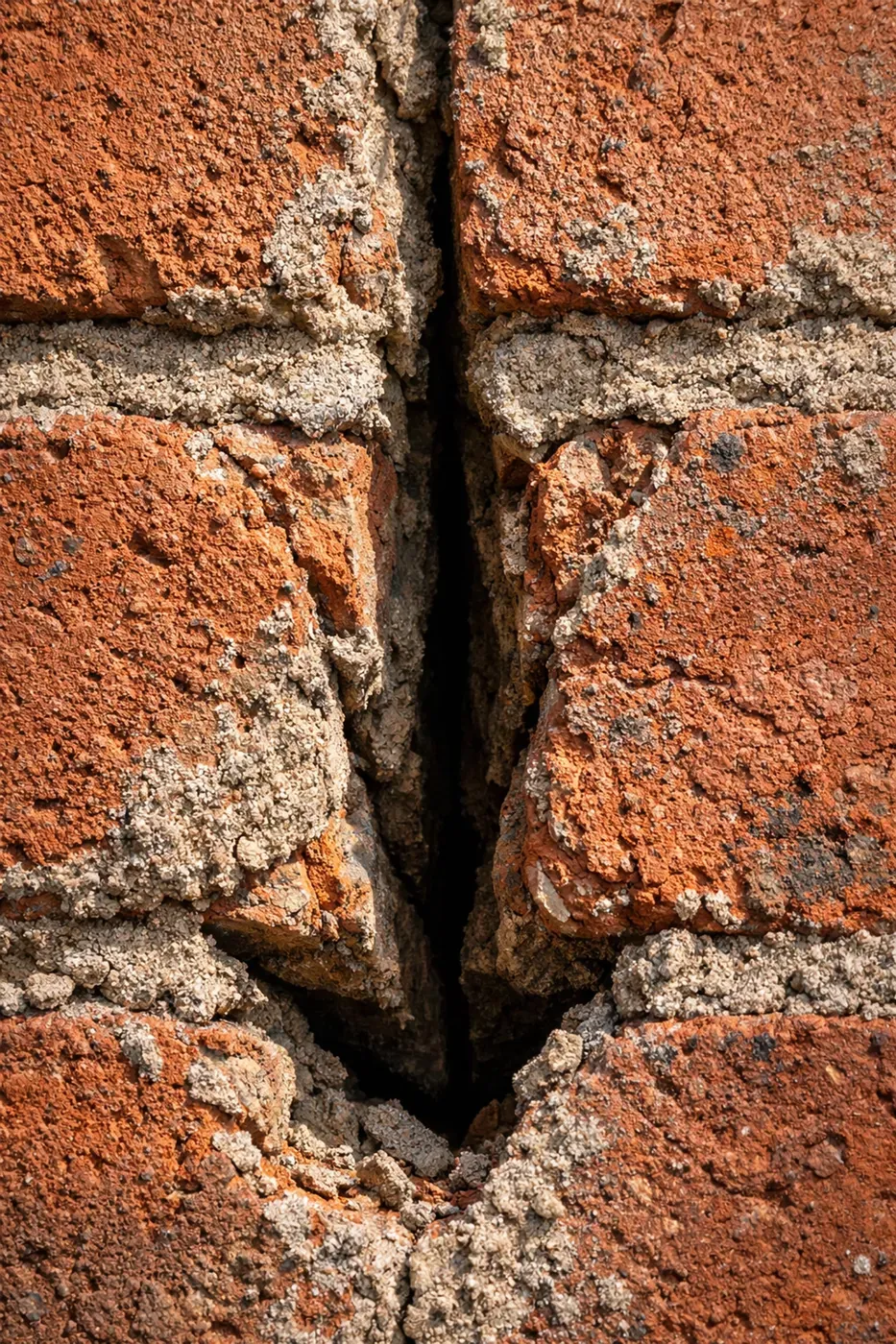 Wedge-shaped crack in brick mortar indicating rotational sagging of garage lintel