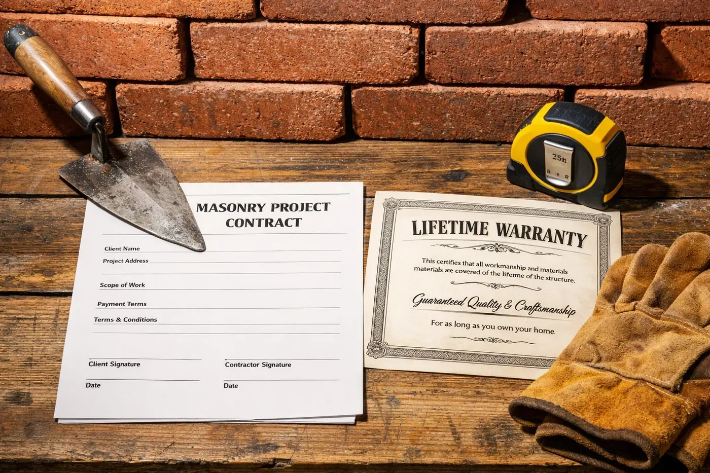 Professional brick repair tools and a written warranty certificate for a Dallas masonry project.