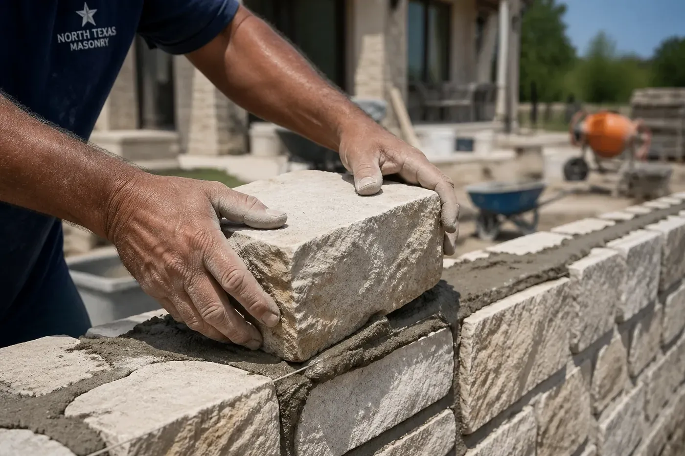 Professional masonry construction Dallas masons installing premium hand-selected stone for a new build.