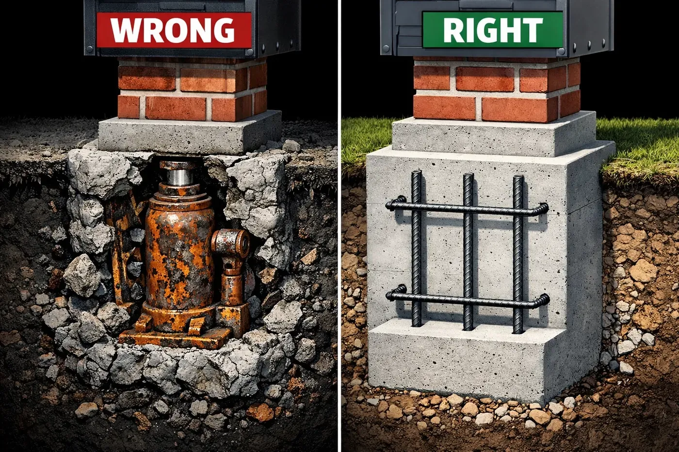 Cross-section showing improper buried equipment vs proper brick mailbox foundation repair